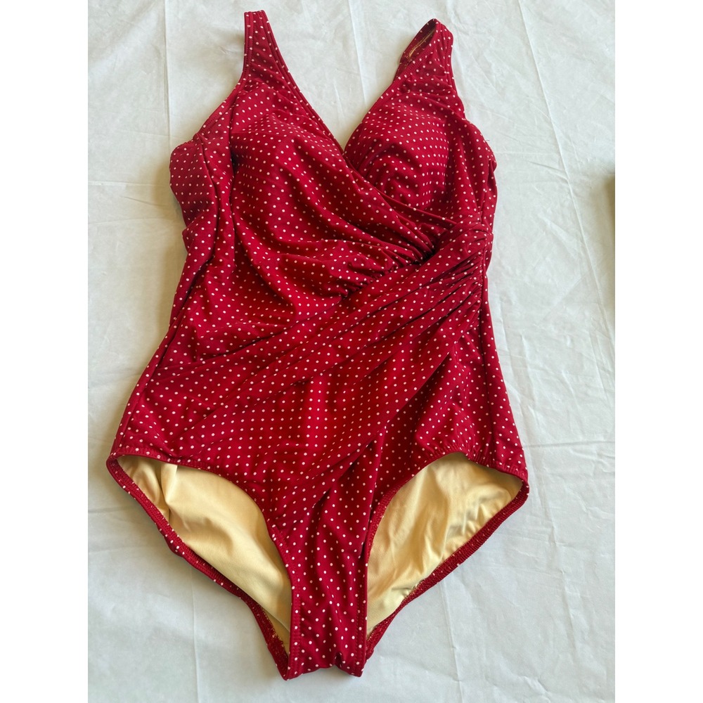Miraclesuit Womens Red Polka Dot Ruched One Piece  Swimsuit Slimming V-Neck 14